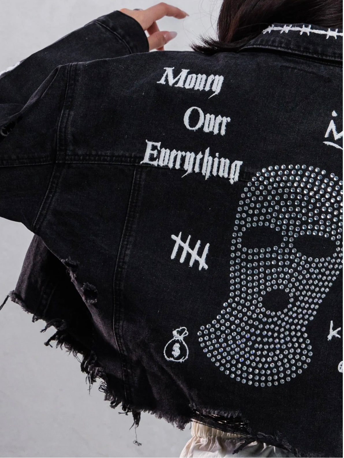 Money over everything crop denim