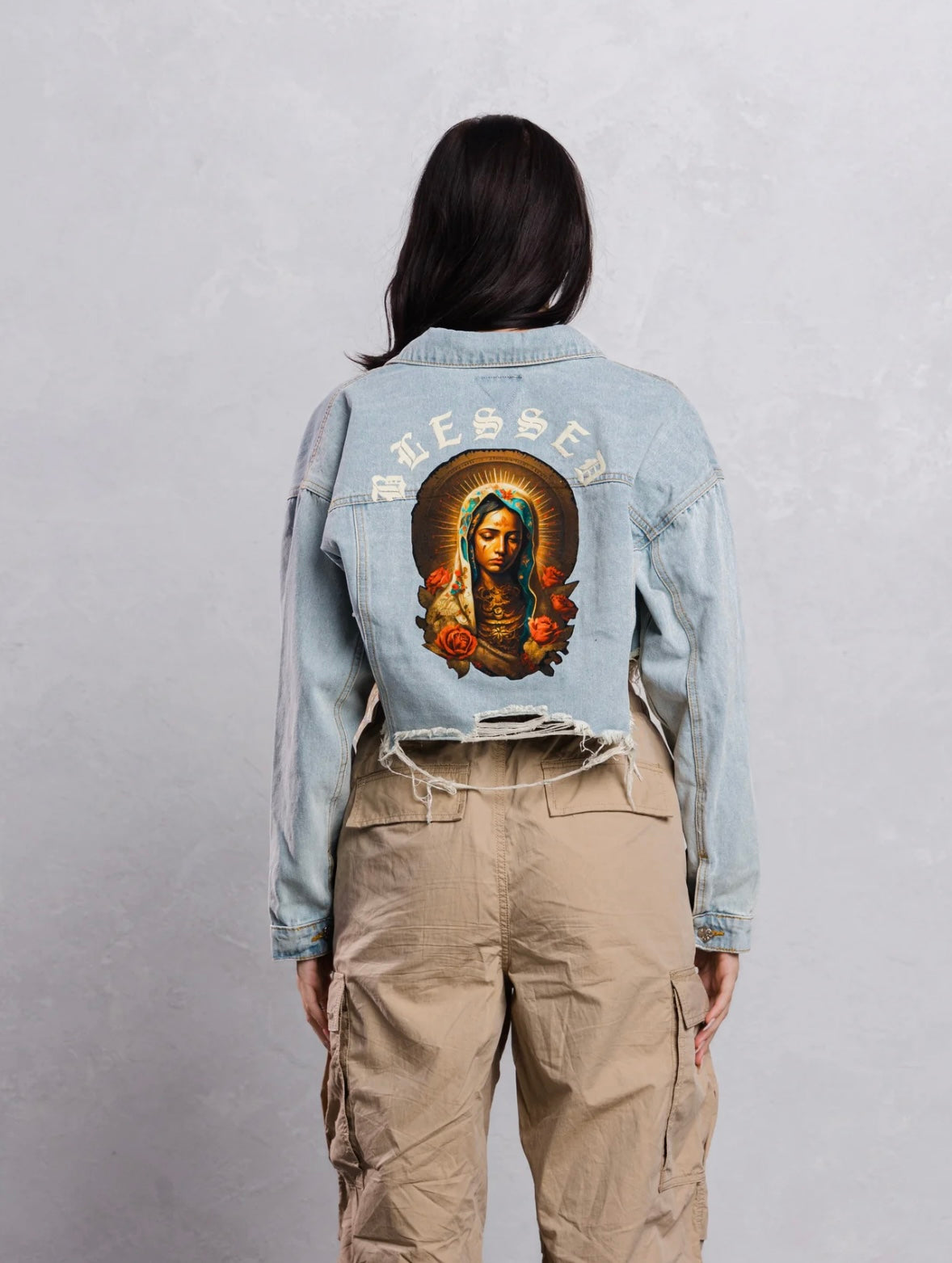 Blessed virgin mary crop denim